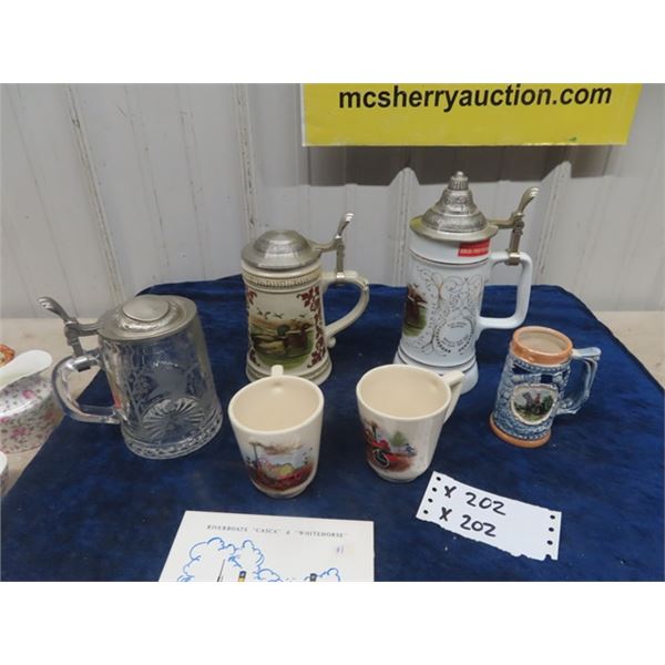 4 Steins & 2 Cups with Tractor Designs