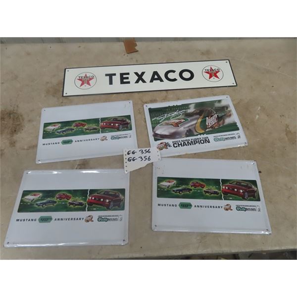 Modern Porcelain Texaco 5" x 24" & 4 Modern Metal Quaker State Signs 8" x 12"