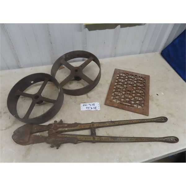 2 Steel Wheels; 1) 10" Wide, 1) 12" Wide , Old Bolt Cutters, Cast Heat Grate 9.5" x 13.5"