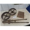 Image 1 : 2 Steel Wheels; 1) 10" Wide, 1) 12" Wide , Old Bolt Cutters, Cast Heat Grate 9.5" x 13.5"