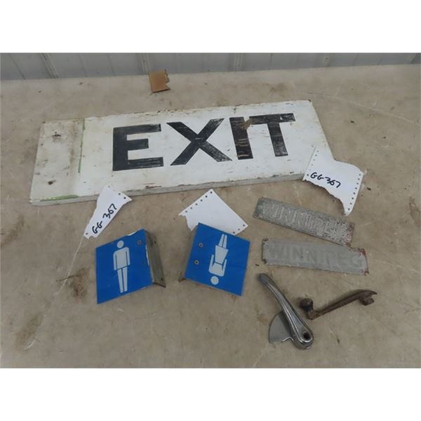 Wooden Exit Sign, Small Fiberglass Washroom Sign, Auto Door Window Crank Handle, Winnipeg Insurance 