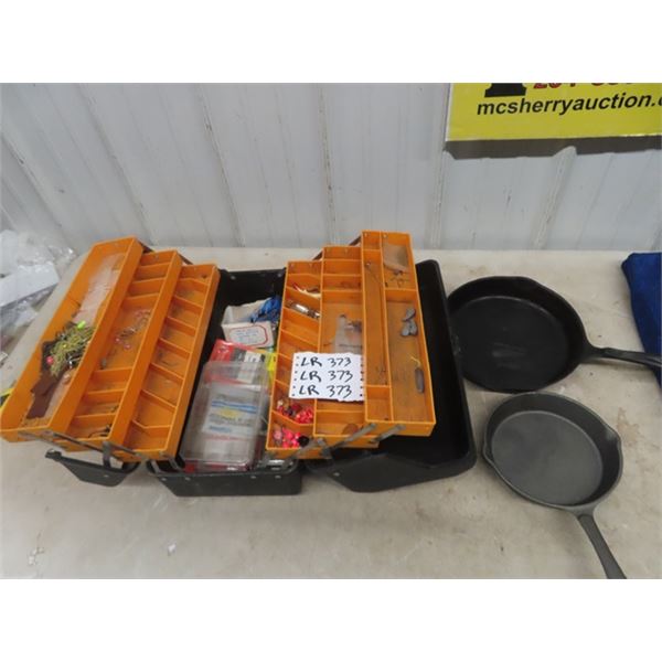 Fishing Tackle Box & 2 Cast Frying Pans