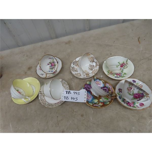 7 China Cup + Saucer Pairs; Royal Grafton, Roslyn, Occupied Japan, Taylor + Kent, Phoenix, plus