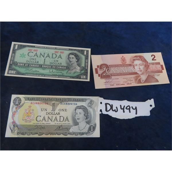 3 Canadian Paper Bills - Mint Crisp; 1967 $1, 1973 $1, 1986 $2