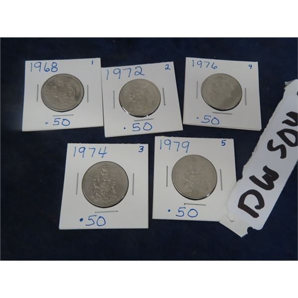 5 -50Cent Coins ; 1968, 1972, 1974, 1976, 1979