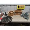 Image 1 : Cast Patio Umbrella Base, Cement Lion Yard Ornament, 2 Cedar Planters- Biggest 9" x 17.5" x 11"