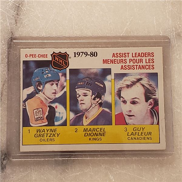 1980-81 O-Pee-Chee #162 NHL Assist Leaders (Wayne Gretzky, Marcel Dionne, Guy Lafleur) HOF hockey ca