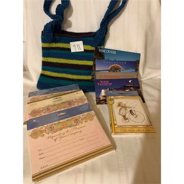 HANDMADE CROCHETED CROSSOVER BAG, LOT OF VANCOUVER POSTCARDS, 3 PKGS INVITATIONS AND 1 PKG NOTECARDS