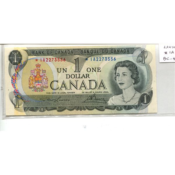 1973 $1. Lawson-Bouey signatures. Asterisk Replacement Note. *IA Prefix. BC-46bA. Unc.