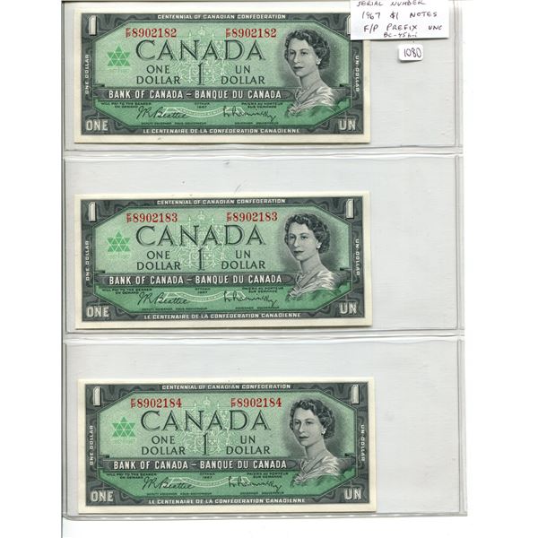 Lot of 3 Consecutive Serial Number 1967 Centennial $1 Notes with Serial Numbers. Beattie-Rasminsky s