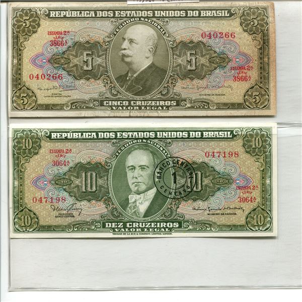 Lot of 2 Brazil notes. 1953-1959 5 Cruzeiros & 1953-1960 10 Cruzeiros. AU-Unc.