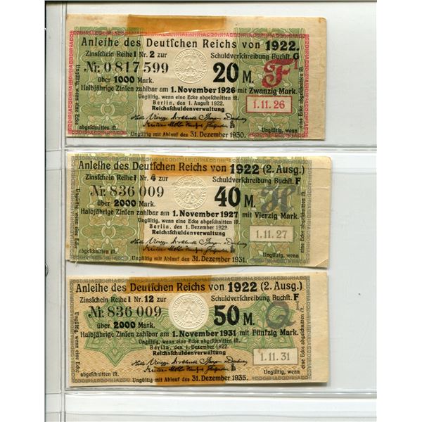 Lot of 3 German Reich Notes, all dated 1922: 20 Mark, 40 Mark & 50 Mark. VF+ with tape.