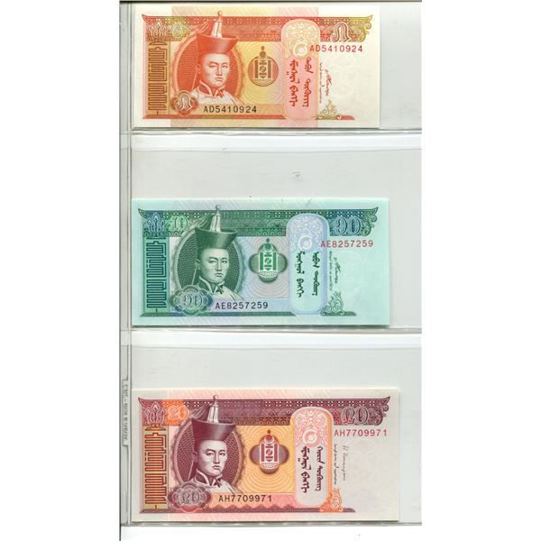 Lot of 3 Mongolia notes. 2008 5 Mongo, 2007 10 Mongo & 2013 20 Mongo. Gem Unc.