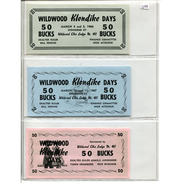 Lot of 3 Wildwood Alberta Klondike Days 50 Bucks Scrip: 1966, 1967 & 1970.Unc