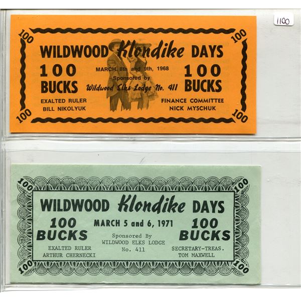 Lot of 2 Wildwood Alberta Klondike Days 100 Bucks Scrip: 1968 & 1971. Unc.