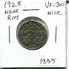 Image 1 : 1928 Near Rim Canadian Nickel 5 Cents. S is Near Rim. VF-30. Nice.