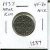 Image 1 : 1933 Near Rim Canadian Nickel 5 Cents. S is Near Rim. VF-20. Nice.