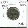 Image 1 : 1934 Near Rim Canadian Nickel 5 Cents. S is Near Rim. VF-20. Nice.
