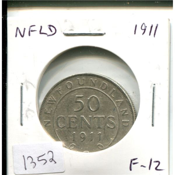 Newfoundland 1911 Silver 50 Cents. First 50 Cents issued for King George V. Mintage of 200,000. F-12