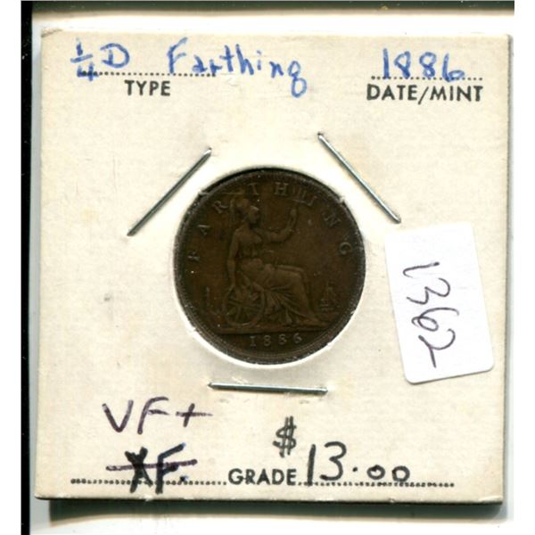 Great Britain. 1886 Farthing. Victoria Young Head. Very Fine Plus.