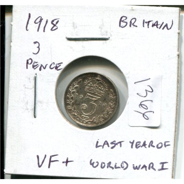 Great Britain. 1918 Silver 3 Pence. George V. Issued during the last year of World War I. VF+. Nice.