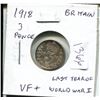 Image 1 : Great Britain. 1918 Silver 3 Pence. George V. Issued during the last year of World War I. VF+. Nice.