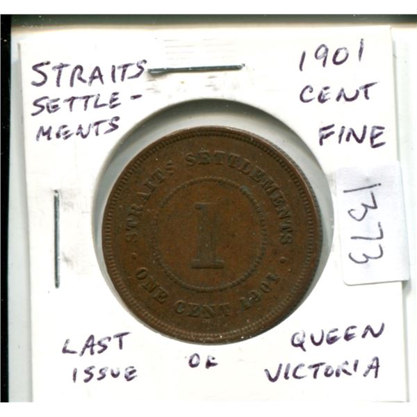 Straits Settlements. 1901 One Cent. Last issue of Queen Victoria. Fine.