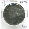 Image 1 : U.S. 1922 D Peace Silver Dollar. Denver Mint. 100 years old. EF-40.