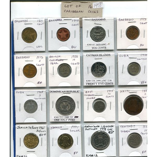 Lot of 16 Caribbean coins from Bahamas, Barbados, British Caribbean Territories, Cayman Islands, Cub