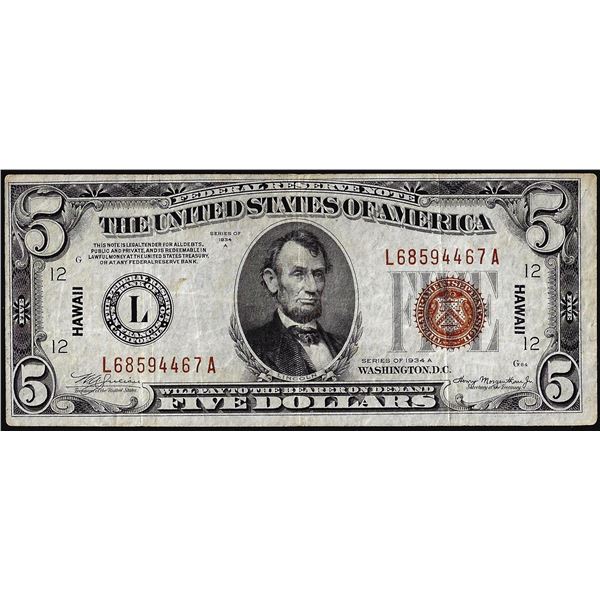 1934A $5 Hawaii WWII Emergency Issue Federal Reserve Note