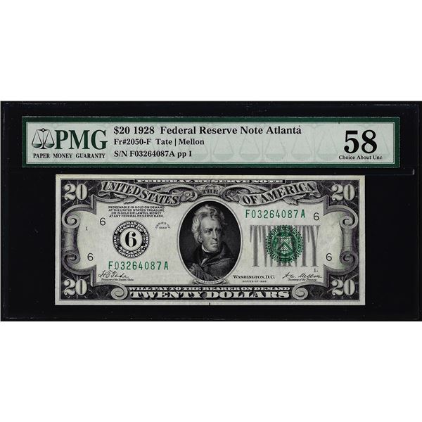 1928 $20 Federal Reserve Note Atlanta Fr.2050-F PMG Choice About Uncirculated 58