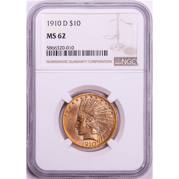 1910-D $10 Indian Head Eagle Gold Coin NGC MS62 Great Color!