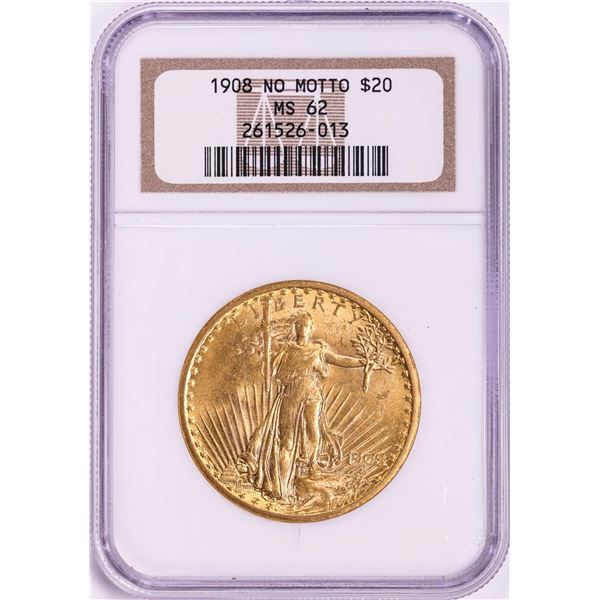 1908 No Motto $20 Saint Gaudens Double Eagle Gold Coin NGC MS62