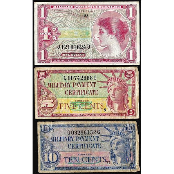 Lot of (3) 5 cents, 10 cents and $1 Military Payment Certificate Notes