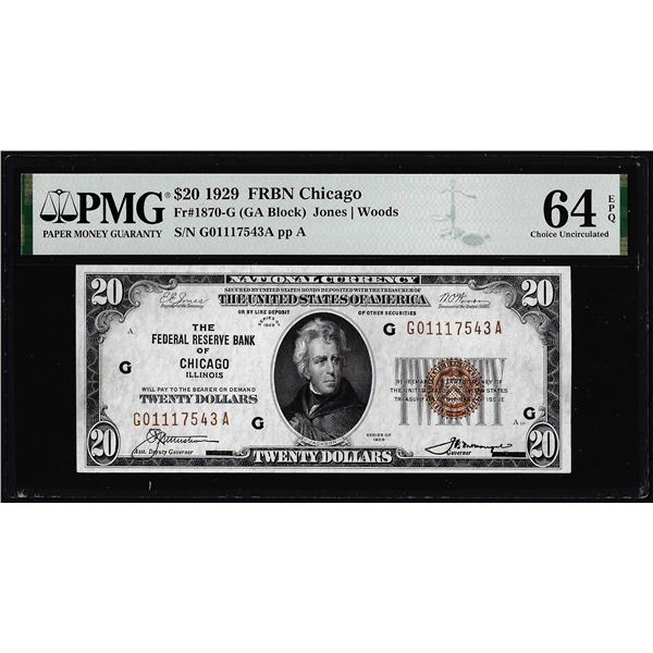 1929 $20 Federal Reserve Bank Note Chicago Fr.1870-G PMG Choice Uncirculated 64EPQ