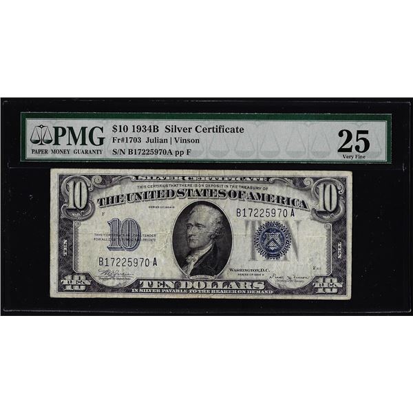 1934B $10 Silver Certificate Note Fr.1703 PMG Very Fine 25