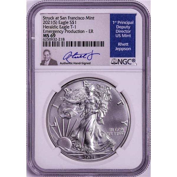 2021(S) Ty. 1 $1 American Silver Eagle Coin NGC MS69 Jeppson Signed Emergency Release