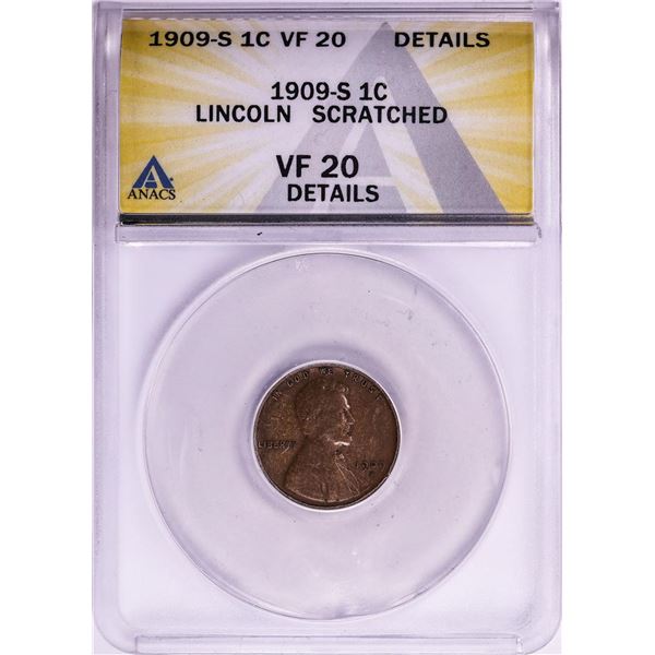 1909-S Lincoln Wheat Cent Coin ANACS VF20 Details