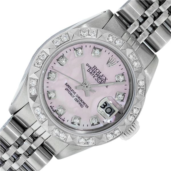 Rolex Ladies Stainless Steel Pink Mother of Pearl Diamond Datejust Wristwatch