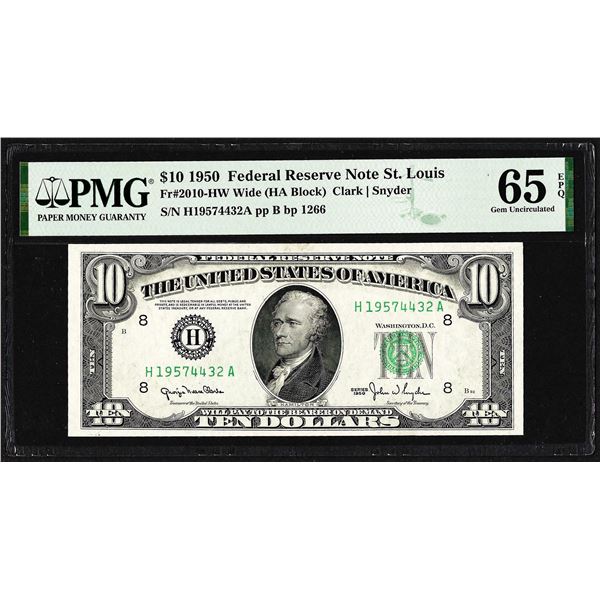 1950 $10 Federal Reserve Note St. Louis Fr.2010-HW PMG Gem Uncirculated 65EPQ