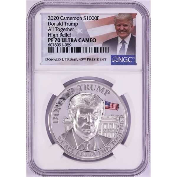 2020 Cameroon 1000 Francs High Relief Donald Trump Silver Coin NGC PF70 Ultra Cameo