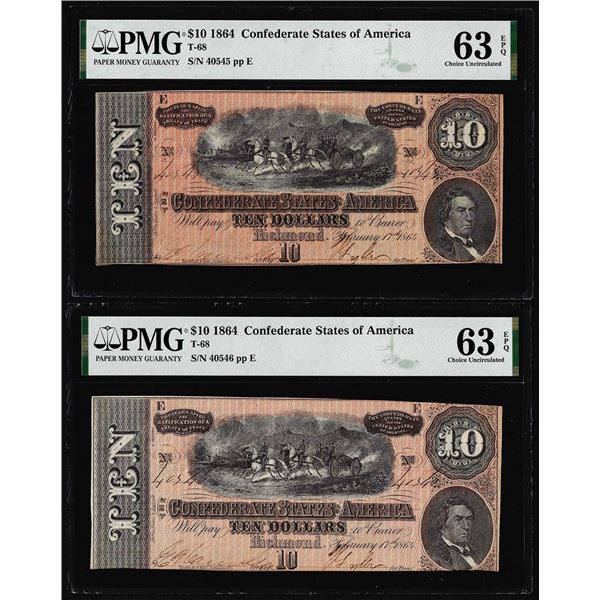 (2) Consecutive 1864 $10 Confederate States of America Notes PMG Uncirculated 63EPQ