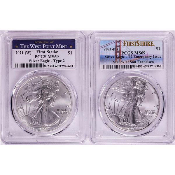 Lot of 2021-(S) & (W) Type 2 $1 American Silver Eagle Coins PCGS MS69 First Strike
