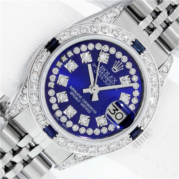 Rolex Ladies Stainless Steel Blue String VVS Diamond Datejust Wristwatch