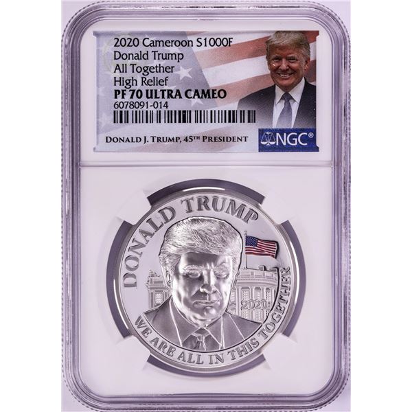 2020 Cameroon 1000 Francs High Relief Donald Trump Silver Coin NGC PF70 Ultra Cameo