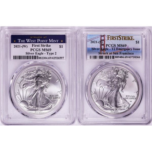 Lot of 2021-(S) & (W) Type 2 $1 American Silver Eagle Coins PCGS MS69 First Strike