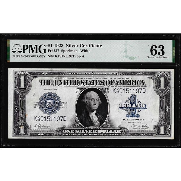 1923 $1 Silver Certificate Note Fr.237 PMG Choice Uncirculated 63