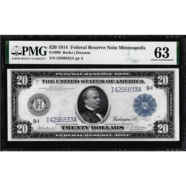 1914 $20 Federal Reserve Note Minneapolis Fr.998 PMG Choice Uncirculated 63