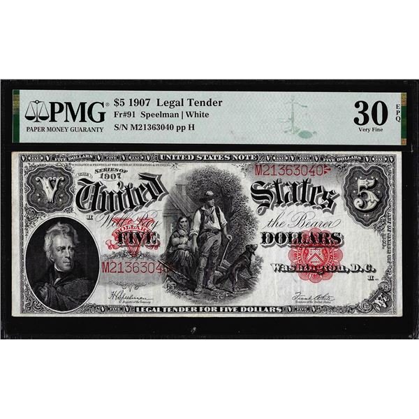 1907 $5 Legal Tender Note Fr.91 PMG Very Fine 30EPQ