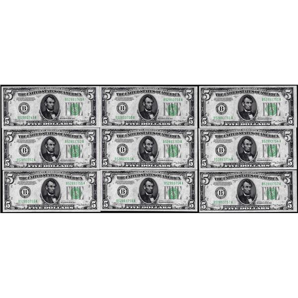 Lot of (9) Consecutive 1934A $5 Federal Reserve Notes New York